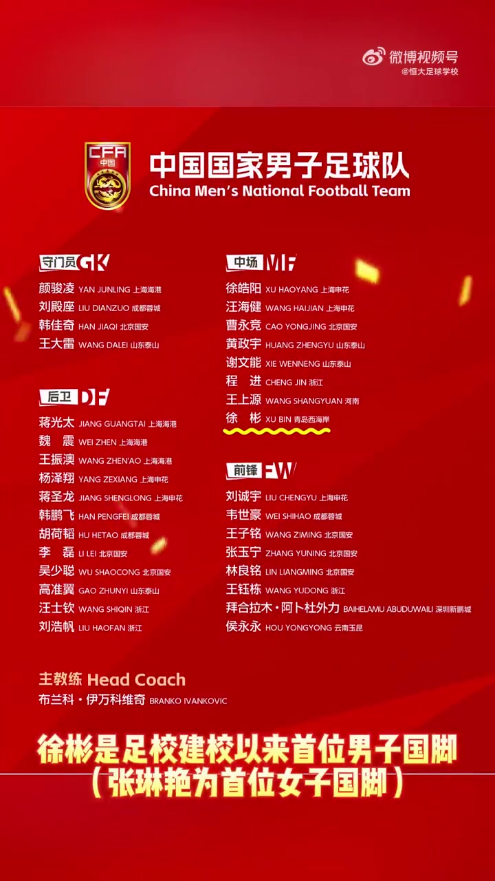 jinnianhui金年会恒大足校建校首位男足国脚！徐彬入选国足最新一期集训名单